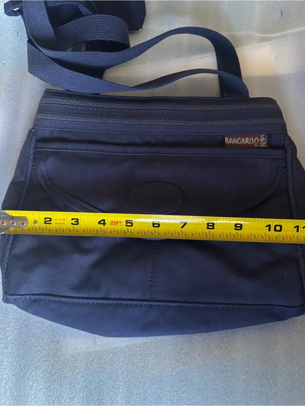 Kangaroo Bag 10"X8" fabric navy purse small attached bag 5.5X4 front snap clos